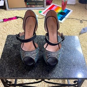Cathy Jean, black with rhinestones, size 8 open toed stilettos.